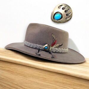 AKUBRA Felt Hat Sz 58 Navajo Sterling Silver Bear Claw Turquoise Native America